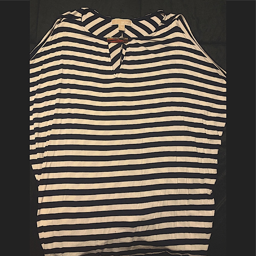 Michael Kors Navy   and White Stripe Shirt with Logo Gold Plate